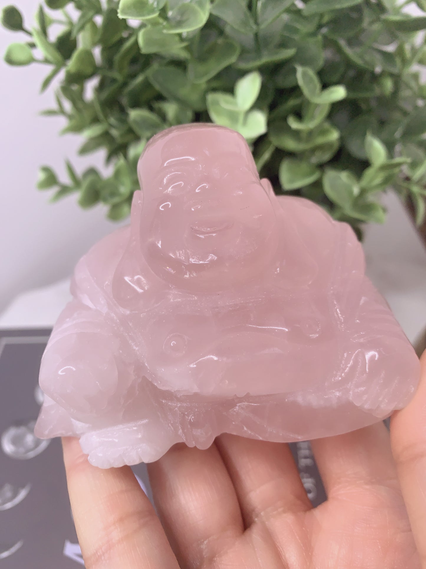 ROSE QUARTZ SITTING LAUGHING BUDDHA