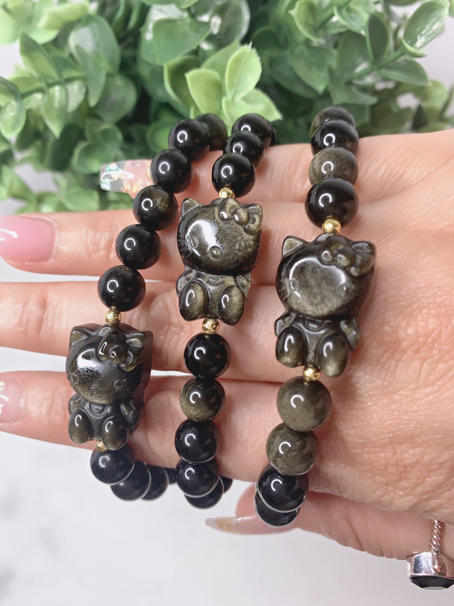 GOLD & SILVER SHEEN OBSIDIAN HELLO KITTY BRACELET