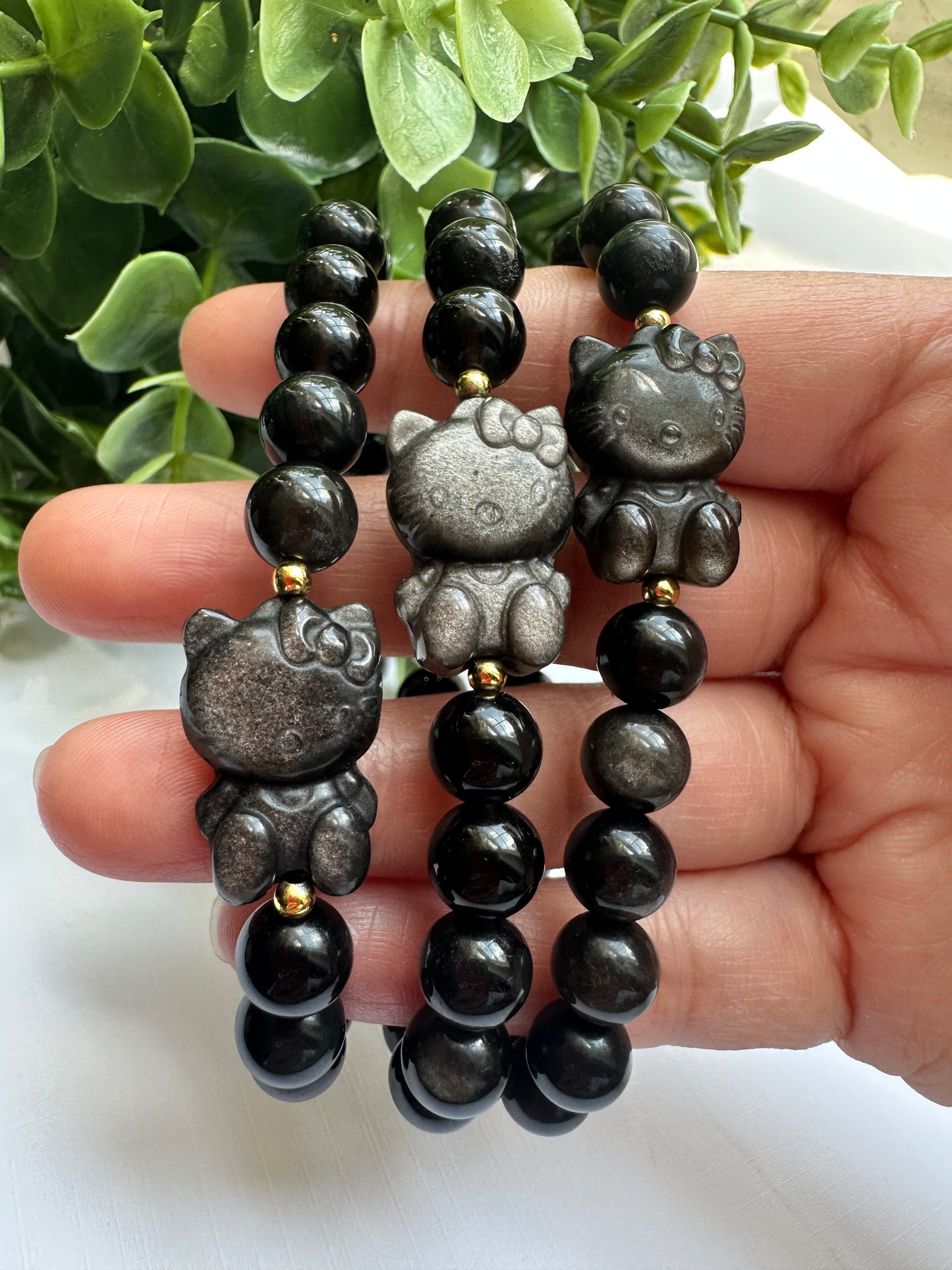 GOLD & SILVER SHEEN OBSIDIAN HELLO KITTY BRACELET