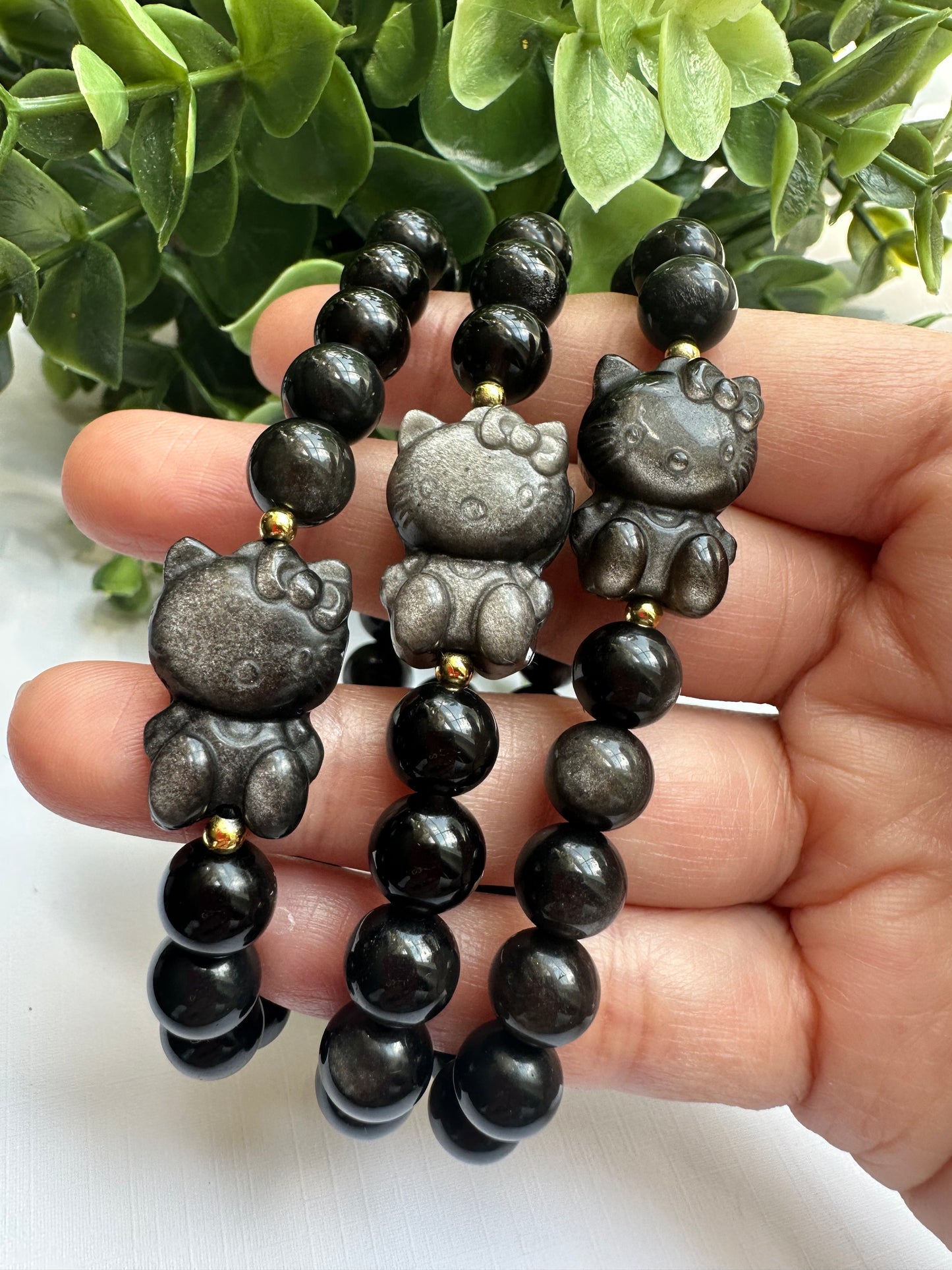 GOLD & SILVER SHEEN OBSIDIAN HELLO KITTY BRACELET