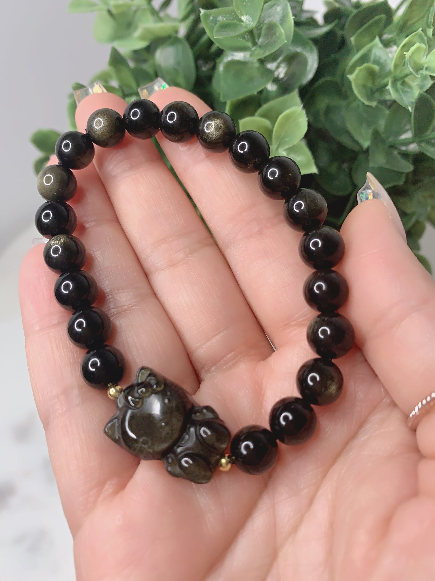 GOLD & SILVER SHEEN OBSIDIAN HELLO KITTY BRACELET