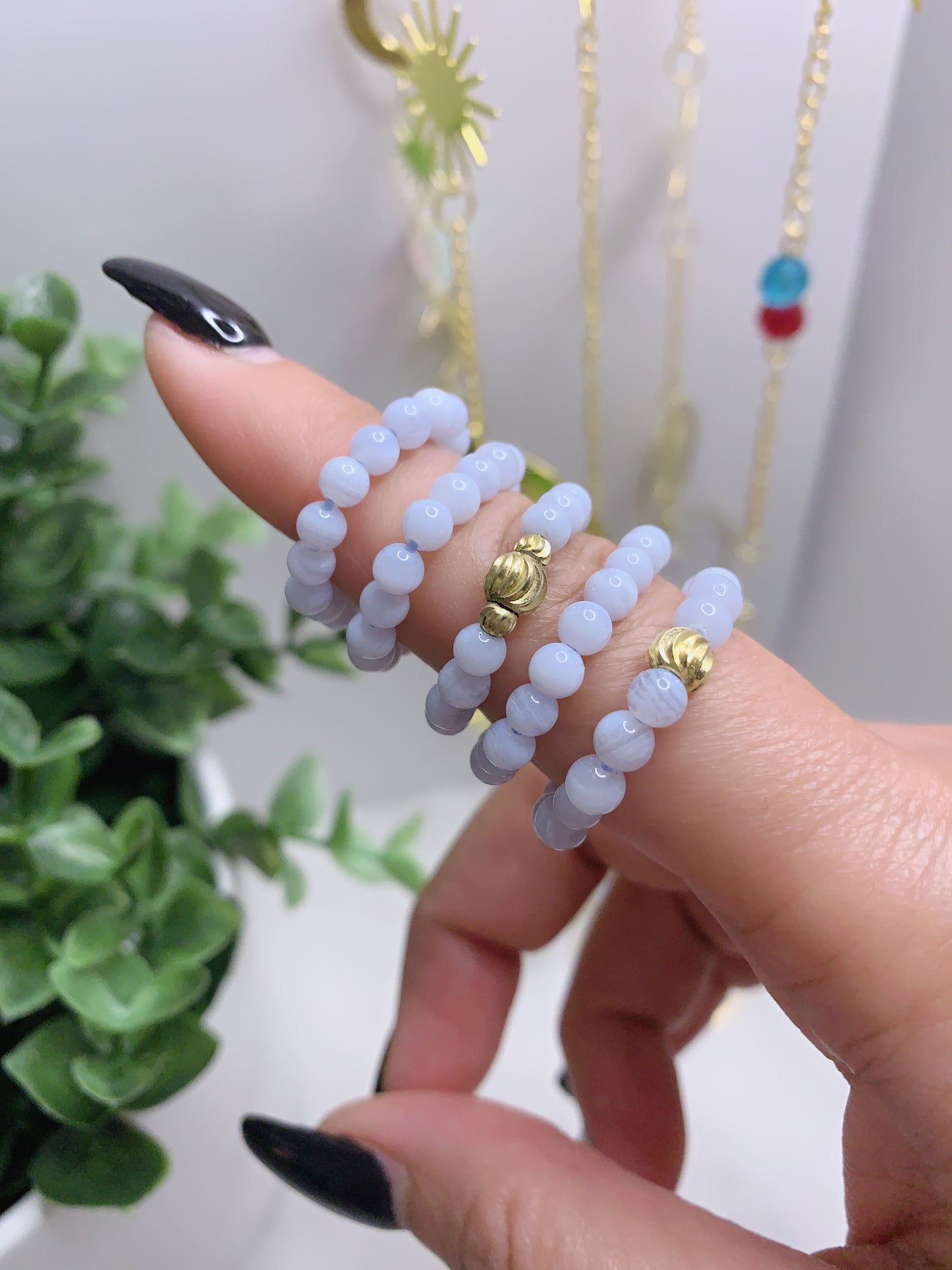 BLUE LACE AGATE CRYSTAL BEADS RING