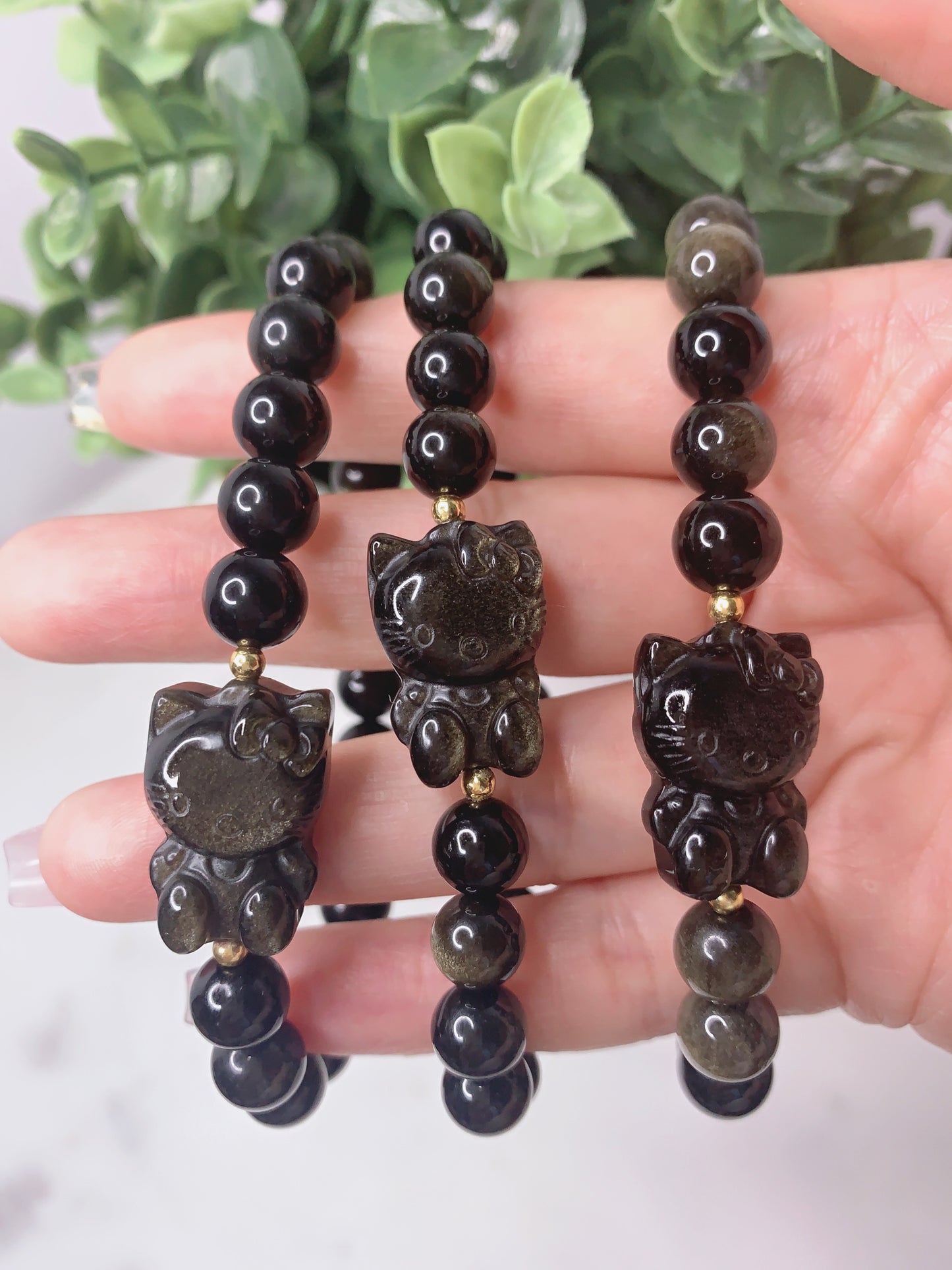 GOLD & SILVER SHEEN OBSIDIAN HELLO KITTY BRACELET