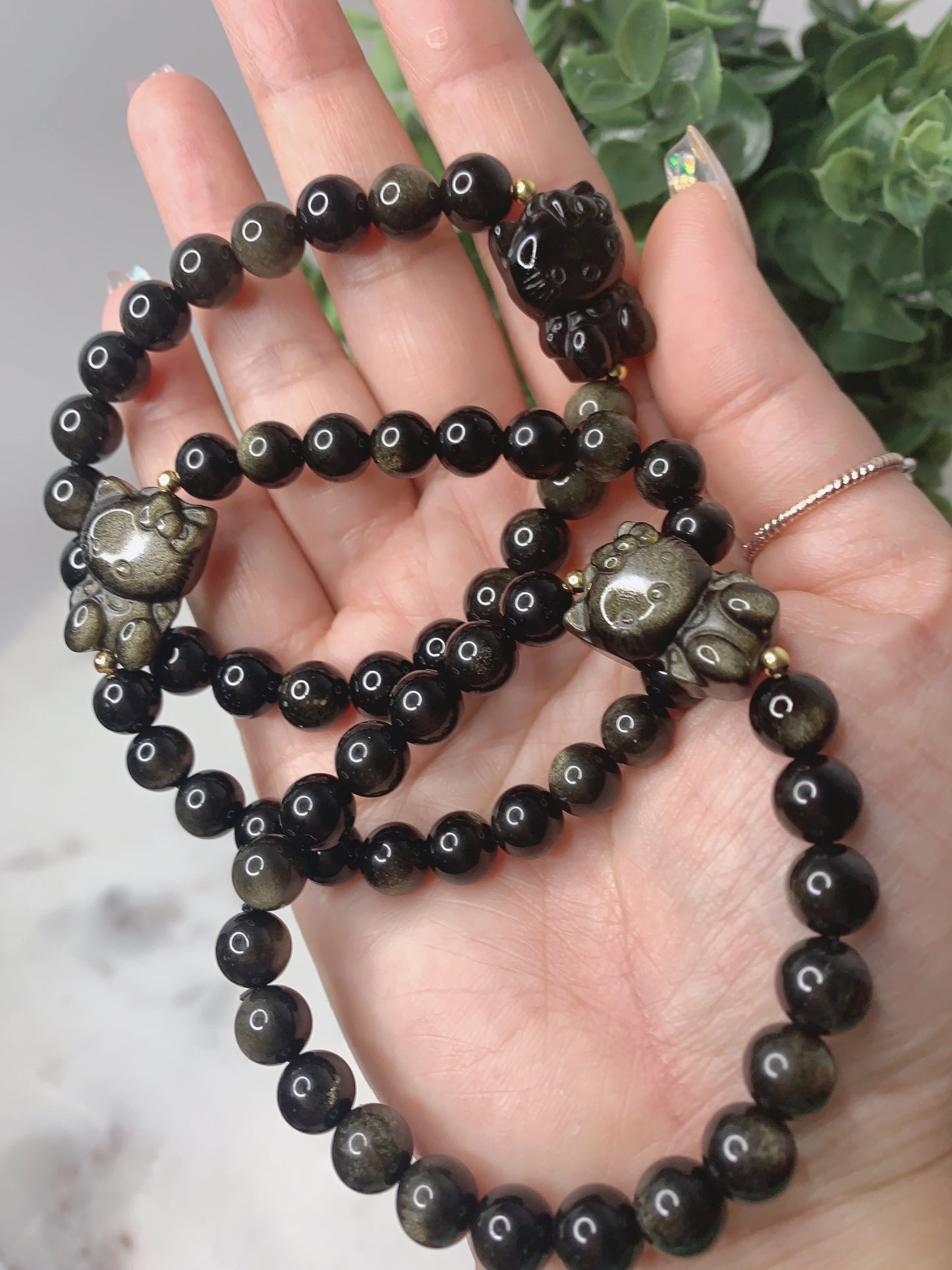 GOLD & SILVER SHEEN OBSIDIAN HELLO KITTY BRACELET