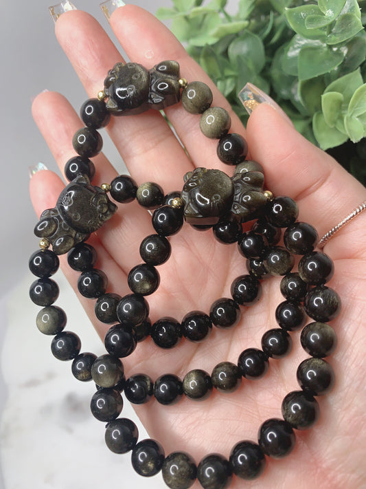 GOLD & SILVER SHEEN OBSIDIAN HELLO KITTY BRACELET